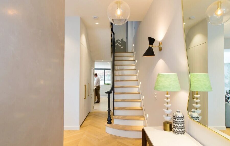 Staircase With Designer Chandeliers