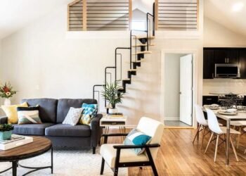 black and white themed kitchen and living room
