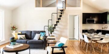 black and white themed kitchen and living room