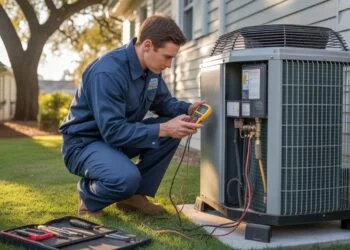 Close-up of an air conditioning repair in progress in Miami, with a technician adjusting the unit and tools nearby.