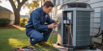 Close-up of an air conditioning repair in progress in Miami, with a technician adjusting the unit and tools nearby.