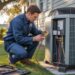 Close-up of an air conditioning repair in progress in Miami, with a technician adjusting the unit and tools nearby.