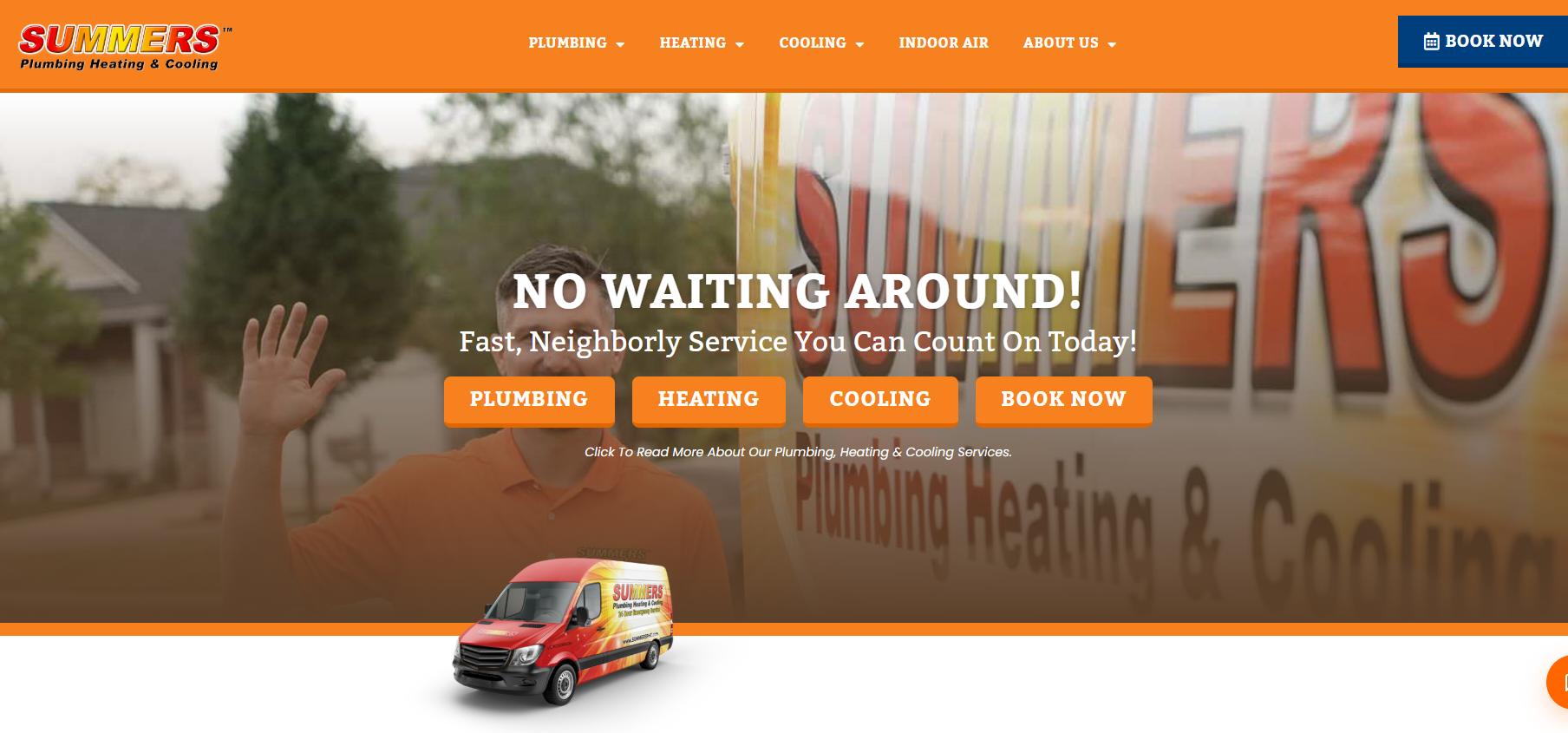 Website homepage for Sunniers Heating and Air Conditioning, featuring services and contact information