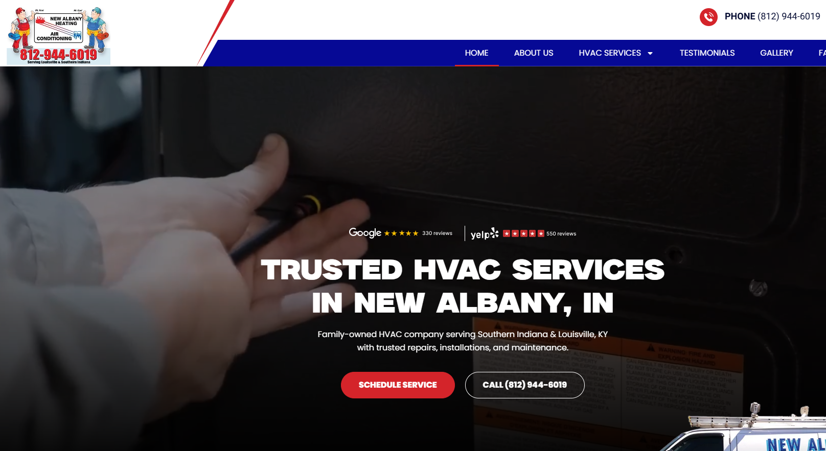 Website for reliable HVAC services in New Albany, featuring service details and contact information.