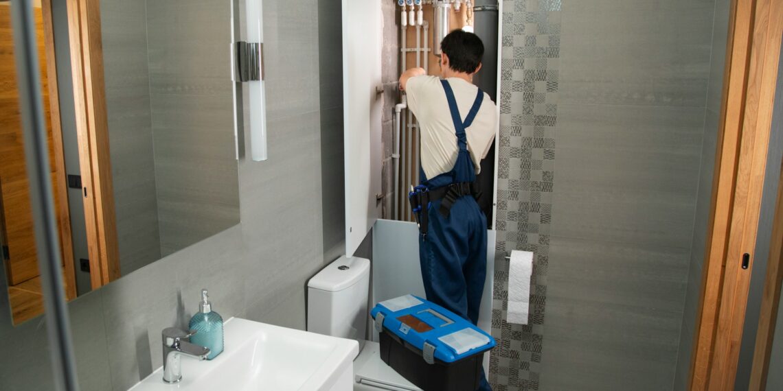A man wearing overalls works on fixing a toilet, surrounded by plumbing tools and parts.